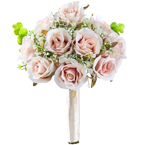 Pink Champagne Roses 10 in, Fake Flowers Wedding Bouquets for Bride, Wedding Silk Artificial Flowers 10pcs for Wedding Party, Ceremony, Anniversary & Home Decor (Come with 3 Styles of 4.5 ft Ribbons) - color: Pink Champagne, size: 10 pcs * 10 inches