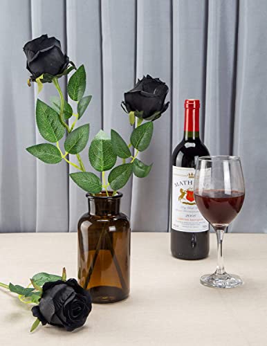 10pcs Artificial Rose Flowers Long Stem Fake Silk Roses for DIY Wedding Bouquet Table Centerpiece Home Decor (Black) - color: Black