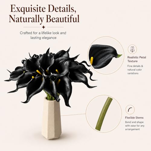 Mandy's 20pcs Pure White Calla Lily Artificial Flowers | 13.5 Inch PU Realistic Bouquet for Vase Elegant Home Decor Centerpiece Wedding Bridal Bouquet Table Decoration - color: Black