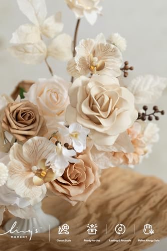 Ling's moment Fake Flowers Box, Faux Artificial Greenery Stems Foam Roses Gardenias Silk Orchids Fabic Flower for Centerpieces Bouquet Wedding Vase Floral Decorations, Tawny Beige, Deluxe Combo - color: Beg-tawny Beige, size: Deluxe