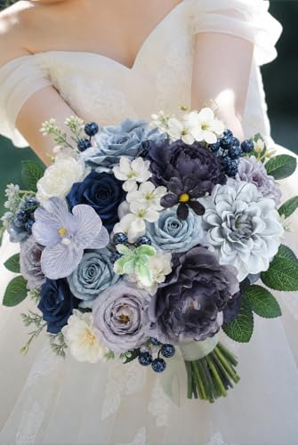 LELEE Fake Flowers Artificial Flowers Peonies Bulbous Chrysanthemum Daisy Hydrangea Sunflower Violets Dahlia Daffodils Epiphyllum Orchid Cherry Blossom Camellia Leyaron (Dusty Blue) - color: Navy Blue& Grey