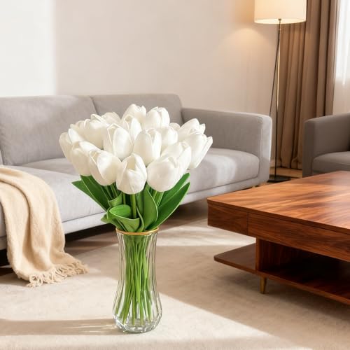 20pcs–13.5 Inch White Tulips Artificial Flowers Mother's Day Easter Valentine’S Day Gifts in Home Kitchen Wedding Dining Table Decorations Faux Flowers