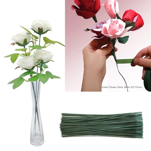 50pcs Floral Wire Stems, 2 Gauge Flower Stems, 16 Inch Green Floral Stem Wire for Paper Wrapped Wreath Making Supplies.