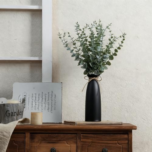 Vase with Greenery, 20pcs Artificial Eucalyptus Stems in Black Vase, Fake Plant Home Decor, 19" Decorative Faux Plants for Home Farmhouse Mantle Centerpiece Decor - color: Black