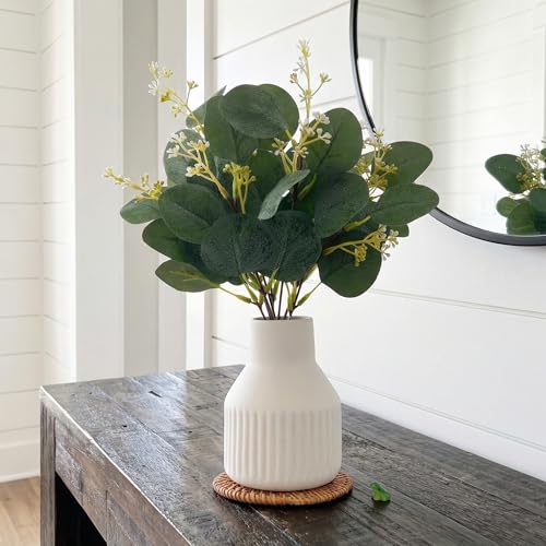 Artificial Eucalyptus Greenery Stems in Ceramic Vase,10Pcs Fake Plants Eucalyptus Leaves faux Plants for Centerpiece Table Decorations Home Room Decor office desk decor Greenery Decor indoor (White) - color: White