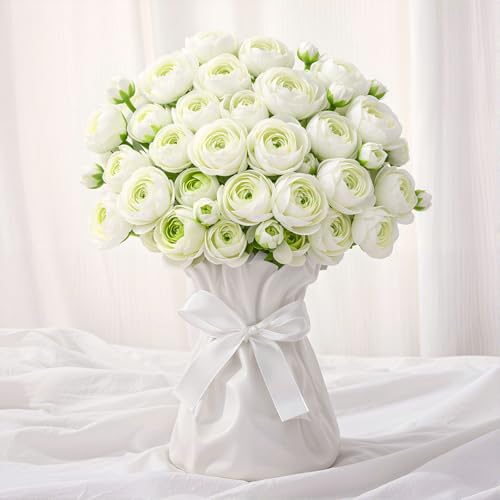 24 PCS Ranunculus Artificial Flowers, Faux Mini Ranunculus Bulk | Realistic Silk Ranunculus Bouquet for DIY Bouquets, Bridal Shower Decorations, Centerpieces, Arrangements, White - color: White