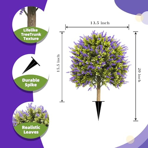 Artificial Lavender Topiary Ball Trees, 2 Set of UV Resistant Fake Evergreen Shrubs Bushes Plants with Ground Spike, Faux Bushes for Outdoor Indoor Front Porch Garden Yard - color: Lavender, size: with Ground Spike