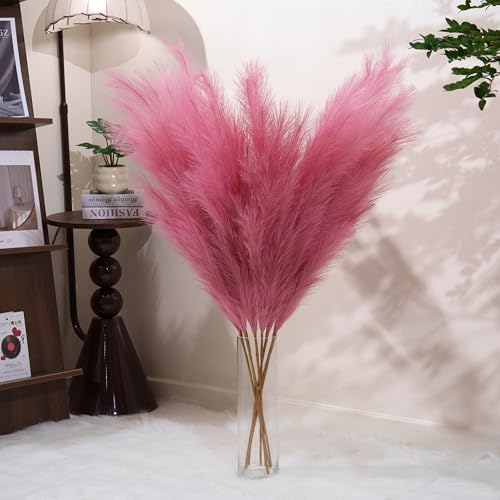 Premium Faux Dark Pink Pampas Grass – 43.3" Tall Fluffy Decor, 8pcs 18-Branch One-Piece Stems No Assembly, Luxury Silk-Feel Feather Flowers for Wedding Boho Home Decor (Magenta, 8 Stems / 110cm) - color: Faux Dark Pink, size: 8pcs 43.3"(110cm)