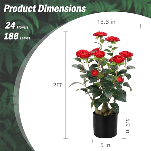 Romantic Season 2FT Red Artificial Camellia Tree 2Pack, Faux Camellia Plant Fake Potted Camellia Flower Tree for Modern Home Office Living Room Floor Décor - color: Red, size: 2FT