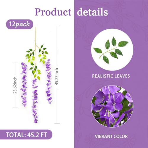 12 Pack Purple Wisteria Hanging Flowers Garland, 3.77 Feet Artificial Flower Vines, Fake Wisteria, Artificial Vines Hanging Garland for Backdrop Outdoor Yard Garden Decor - color: Purple, size: 12 PCS