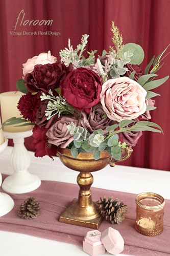 Floroom Burgundy Mauve Artificial Flowers Marsala Fake Roses Peonies and Greenery Combo Box Set for DIY Dark Red Wedding Bouquets Bridal Shower Centerpieces Floral Arrangements Party Tables Decoration - color: Enchanted Burgundy