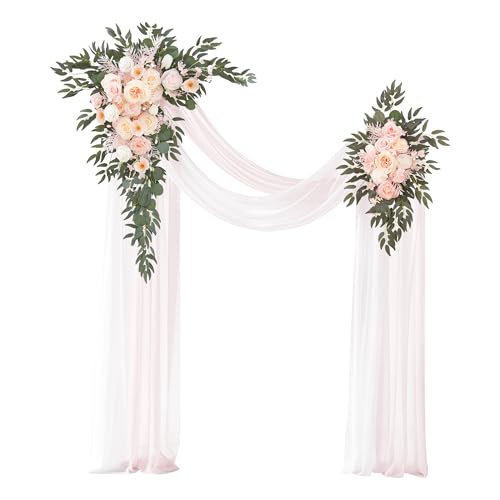 Deluxe Wedding Arch Flowers with Drapes Kit Pack of 4, 2pcs Champagne & Pink Hanging Silk Flowers Arrangement 2pcs Chiffon Drapes for Ceremony Arbor Party Outdoor Decor - color: Champagne & Pink
