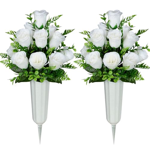 XONOR Artificial Cemetery Flowers, Set of 2 Artificial Rose Bouquet Grave Memorial Flowers with Vase for Cemetery Headstones Decoration (White) - color: White