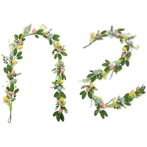 2 Pack 6FT Spring Garland with Eggs, Artificial Greenery Garland for Door, Mantel, Table, Fireplace and Entryway, Farmhouse Spring Home Decor - size: 6FT-PC-A