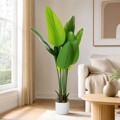 3.8 ft Artificial Banana Tree in Pot, Decorative Evergreen Faux Bird of Paradise Plant, Fake Tropical Traveler's Palm Tree, Indoor House Plants for Living Room Porch Entryway Office