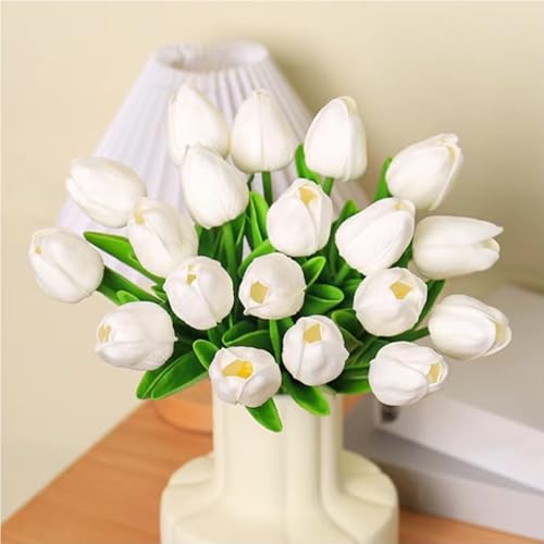 Artificial Tulips 20Pcs Real Touch Fake Tulips PU Flower Arrangement Bouquets for Home Party Decoration (White) - color: White 20pcs