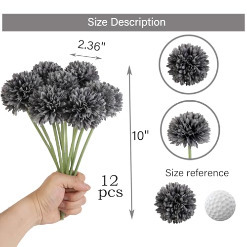 12pcs Gray Artificial Flowers Fake Flowers Silk Artificial Chrysanthemum Ball Hydrangea Bridal Wedding Bouquet for Home Garden Party Decor (Gray) - color: Gray，12pcs