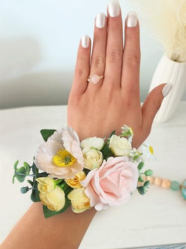 Rinlong 2Pcs Pastel Pink Wrist Corsage for Wedding, Prom, Homecoming | Bridesmaid Wristlet, Mother of the Bride Flower Corsage - color: 17-yellow Pink