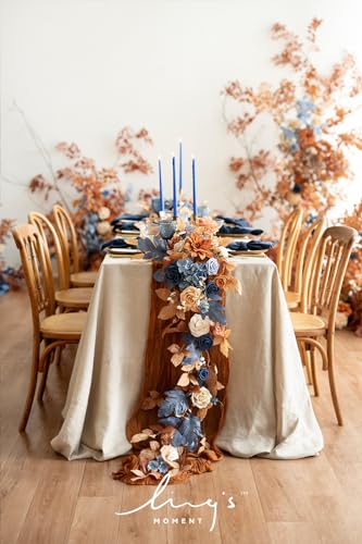 Ling's moment 9FT Eucalyptus & Willow Leaf Garland with White Flower, Handcrafted Wedding Sweetheart Table Centerpieces Head Table Decor Arch Backdrop Decorations for Wedding | Burnt Orange & Denim - color: Or-russet Orange & Denim Blue
