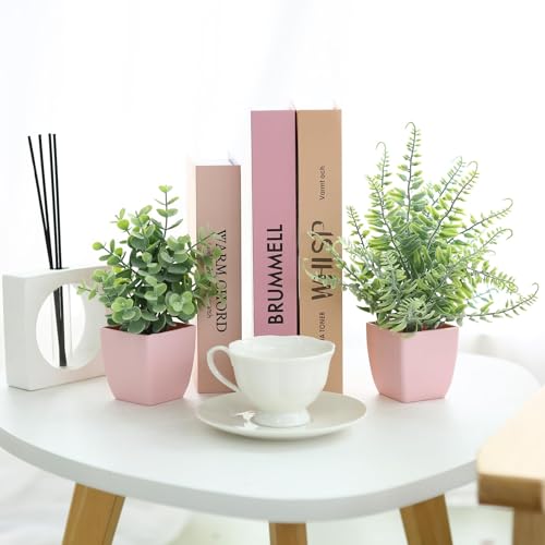 summer flower 2 Pack Small Fake Plants in Pink Pot Artificial Plant Eucalyptus Faux Potted Greenery Wheal Grass for Home Decor Indoor Bathroom Office Desk Shelf Bedroom Kitchen Cabinet Decorations - color: Pink-2