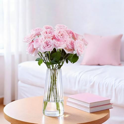 8.3in Clear Glass Vase for Flowers, Ribbed Flower Vase for Table Centerpiece Wedding Home Decor, Modern Glass Vases for Living Room, Bedroom, Dining Table, Office, Birthday Housewarming Gift (Striped) - color: Striped