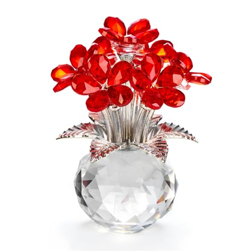 Crystal Red Flower Decoration Glass Flowers Mother's Day Birthday Gifts for Women Girl Wife Girlfriend Daughter Ornament Bouquet Collectible for Valentine's Day Wedding (Red Flower 02) - color: Red