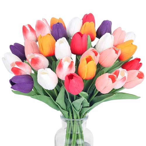 5 Color 20pcs Tulips Artificial Flowers for Real Touch Fake Tulips Slik Faux Flowers for Summer Wedding Bouquet Easter Mother's Day Home Decor (14 Inch) - color: Color：red, White, Yellow, Light Pink, Orange