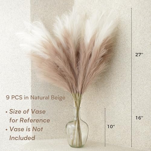 Faux Pampas Grass Tall, 9 PCS 43''/ 110 cm Large Fluffy Pampas Grass Decor, Fake Pompas Branches, Long Feathers for Floor Vase, Boho Flower Arrangement for Home Wedding Decor (Natural Beige) - color: Natural Beige