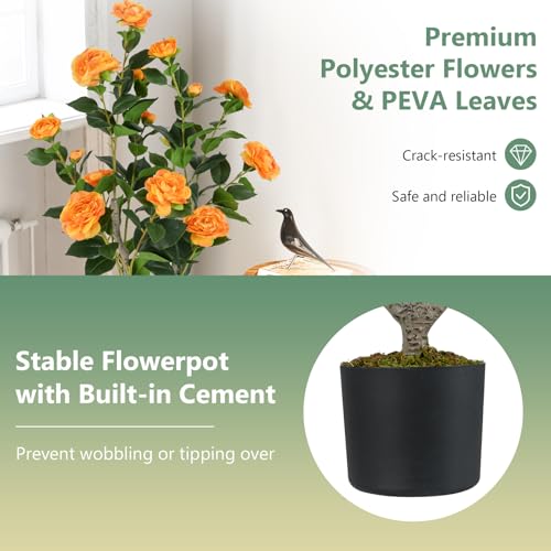 Goplus 36’’ Artificial Camellia Tree, Flower Plants Artificial Tree, Faux Floral Plant Blooming Tree in Nursery Pot, Greenery Potted Plant for Indoor Office Home Porch Decor, Orange - color: Orange, size: 36 inch
