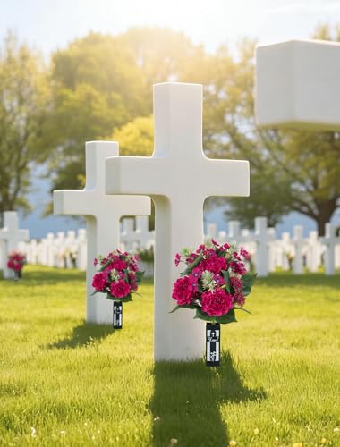 Artificial Cemetery Flowers for Grave: 2 Pcs Hot Pink Peony Grave Flower Bouquets with Vases for Cemetery Gravesites - Spring Outdoor Outdoor Grave Decorations - color: Hot Pink