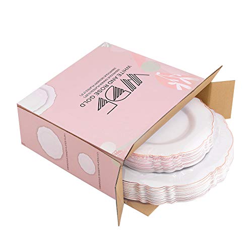 WDF 60pcs Rose Gold Plastic Plates-Baroque White &Rose Gold Disposable Plates including 30Plastic Dinner Plates 10.25inch, 30 Salad Plates 7.5inch for Wedding/Party/Birthday/Mother's Day - color: Rose Gold, size: 60PCS