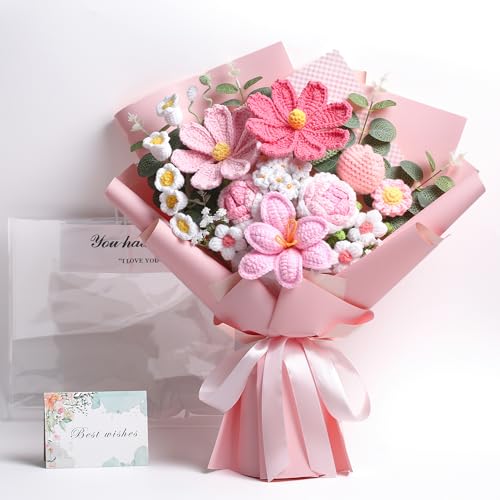 Crochet Flower Bouquet Premium Edition, Handmade Knitted Faux Crochet Flowers for Home Decor Valentine’s Day Anniversary Weddings Birthdays Mother’s Day, Includes Gift Bag and Greeting Card (Rose) - color: Premium Pink