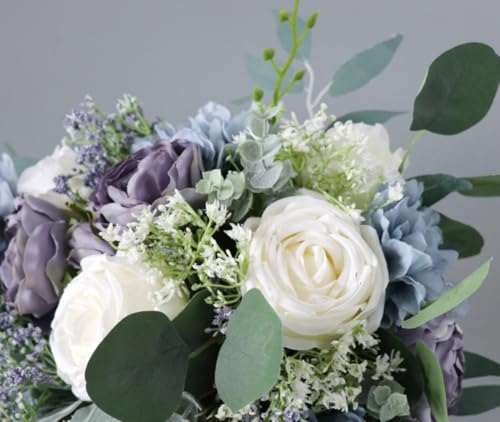 9.1 Inch Cascading Bridal Bouquet Waterfall Cascade Wedding Bouquet Bride with Artificial Rose Peony Flower Rustic Boho Wedding Ceremony Bouquet Dusty Blue - color: Dusty Blue