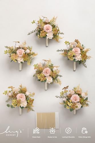 Ling's moment Artificial Bridesmaid Bouquets Set of 6,Sand Beige Wedding Flower Bouquets Pink Floral Bouquet Bridal Bouquets with Ribbon,Ceremony,Anniversary,7-inch Diameter - color: Pk-sand Beige