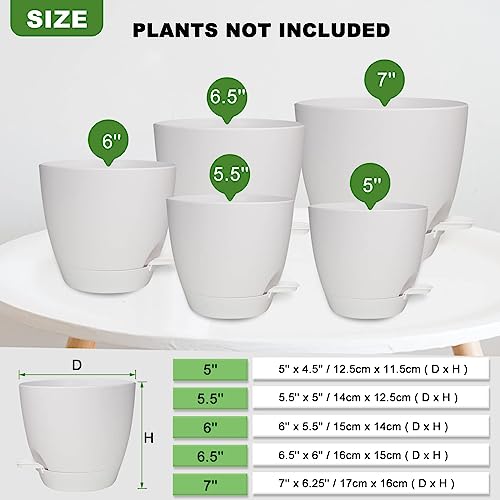Vanslogreen Plant Pots, 7/6.5/6/5.5/5 Inch Self Watering Planters, Pots for Indoor Plants with Drainage Hole for Succulents, African Violet (Matte White) - color: Matte White-5pack, size: 7/6.5/6/5.5/5 inch