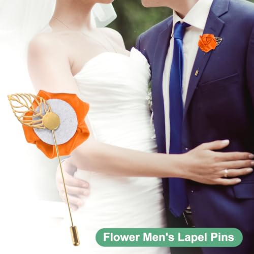 M METERXITY 1-Pack Flower Lapel Pins for Men, Golden Leaf Rose Boutonnieres Pin Groom Boutonnieres for Wedding/Dance/Party, Men Lapel Pins for Suits Satin Flower Corsage [Orange] - color: Orange