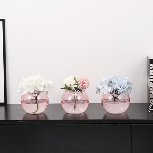 Pink Round Vases Set of 6, Flower Vases for Centerpieces, Glass Vase for Flowers, Glass Bowl Vase for Living Room, Bedroom, Kitchen, Office, Wedding, 5'' W x 4'' H - color: Pink, size: 5”