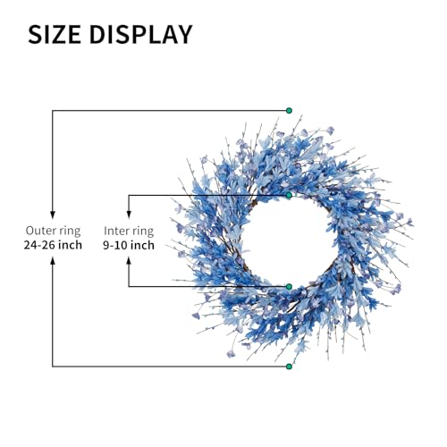 24 Inch Artificial Blue Forsythia Flower Wreath, Silk & Paper Bridal Floral Wreath for Front Door, Elegant Beach Nautical Themed Wedding & Spring Summer Decor, All Season Farmhouse Porch Wall Decor - color: Blue