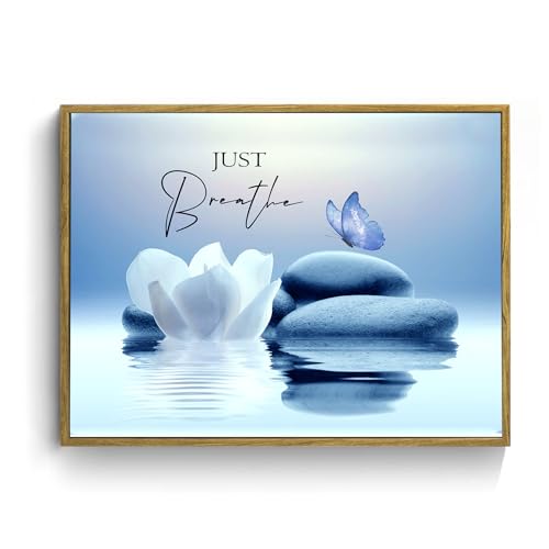 LB Zen Wall Art for Bathroom Butterfly and White Water Lily Flower on Blue Canvas Wall Art Wall Paintings Home Decor Modern Wall Pictures for Living Room Bedroom Office Ready To Hang,17x12 Inch - color: Blue, size: 12"L x 17"W