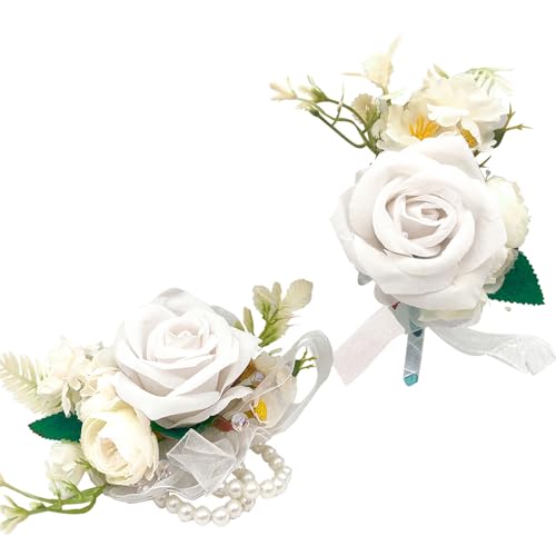 Wrist Corsage and Boutonniere Set, Artificial Rose Corsage Wristlet and Boutonniere for Wedding Prom Party (White 1 Boutonniere&1 Wrist Corsage) - color: White 1 Boutonniere&1 Wrist Corsage