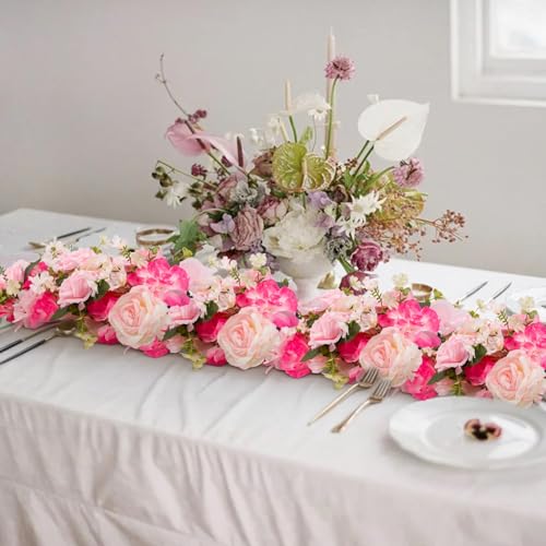 6Pcs Garland Artificial Flowers, Realistic Flower Vines for Wedding Arch Decor, Faux Silk Floral Runner Silk Hanging Flower Vines for Home Garden Outdoor Wedding Arch Party Ceremony - color: Rose Red + Pink