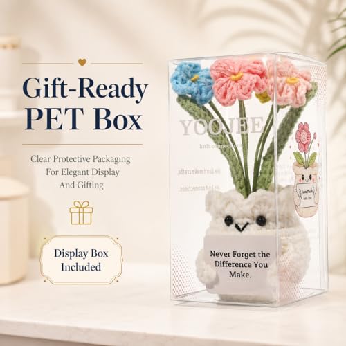 YOOJEE Forget-Me-Not Crochet Flower Potted Plant Gift | Difference You Make Gift, PET Display Box, Teacher Appreciation, Coworker, Employee, Thank You Gift, Handmade Desk Decor - color: E-never Forget the Difference You Make