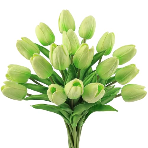 Beferr 18pcs Tulips Artificial Flowers Faux Tulip Real Touch Fake Flowers Bouquets Arrangements for Easter Spring Flowers Home Table Decor Green - color: Q-18pcs-1colors-green, size: 18PCS