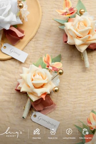 Ling's moment Boutonniere for Men, 6pcs Groom Groomsmen Boutonniere, Artificial Flowers for Wedding Decor/Prom/Homecoming, etc.Terracotta White - color: Or-terracotta & White