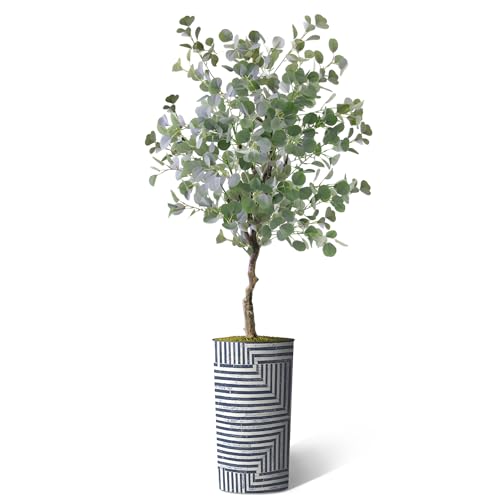 Artificial Tree in Modern Geometric Pattern Planter, Fake Eucalyptus Silk Tree for Indoor and Outdoor Home Decoration - 66" Overall Tall (Plant Pot Plus Tree) - style: Eucalyptus Tree