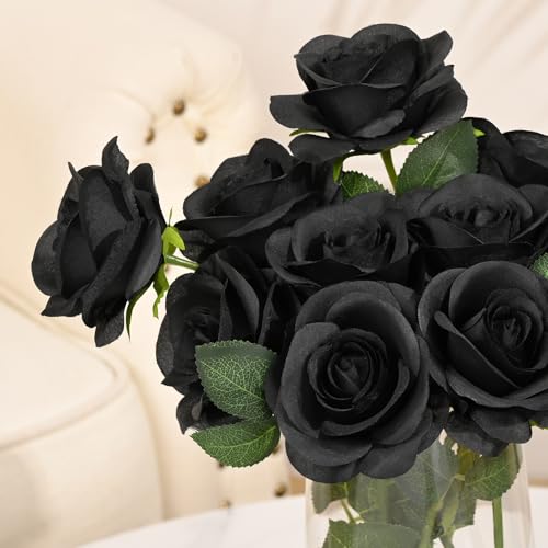 Waipfaru Halloween Decor - 16 Pcs Black Roses Artificial Flowers, Fake Roses Halloween Flowers with Long Stems for Home Decoration (Black) - color: Black, size: 16 Pcs