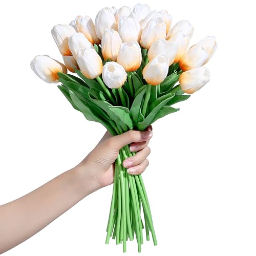 SITUMEIZI 15pcs Tulips Fake Artificial Flowers Real Touch 14" Silk Flower for Home Decor Spring Easter Wedding Bouquet Decorations Floral Arrangements(Light Champagne) - color: Light Champagne