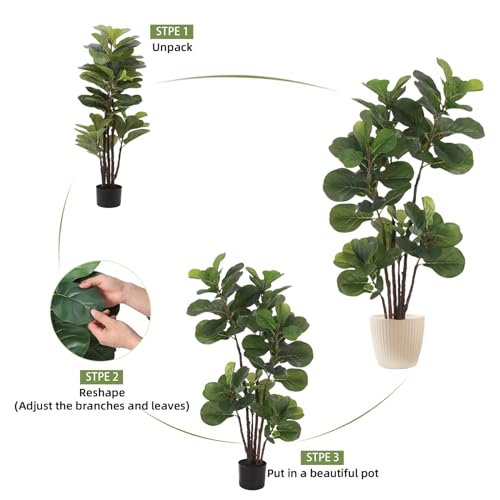 GlowSol Faux Fiddle Leaf Fig Tree, 4 Ft Artificial Ficus Lyrata Plant with 72 Fiddle Leaves, Fake Floor Plant in Pot for Indoor Outdoor Living Room House Office Bedroom Decor - size: 3ft 11in