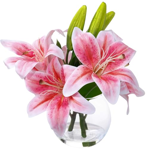Rose Red Lilies Flowers with Fake Water Artificial Lilies Fake Flowers in Vase for Home Decor Centerpieces for Tables Gifts for Mom - color: B-lily-rose Red