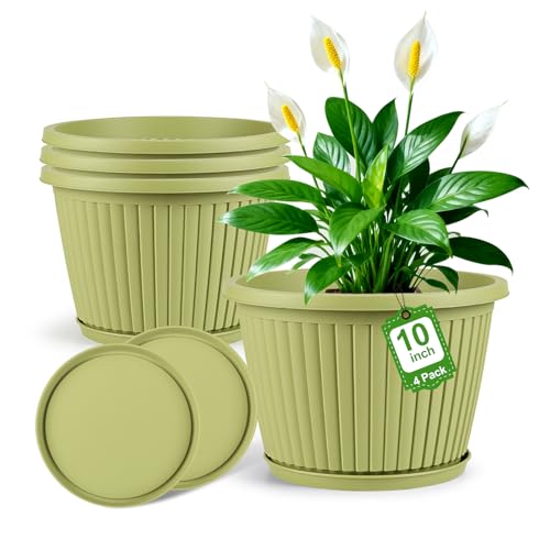 10-inch-Planters-for-Outdoor-Plant，Plastic Indoor Flower Pots with Drainage Holes & Saucer，4 Packs Decorative Garden Pots for Plant for Home Porch Decor - color: Avocado Green, size: 10 inch-4 Pack